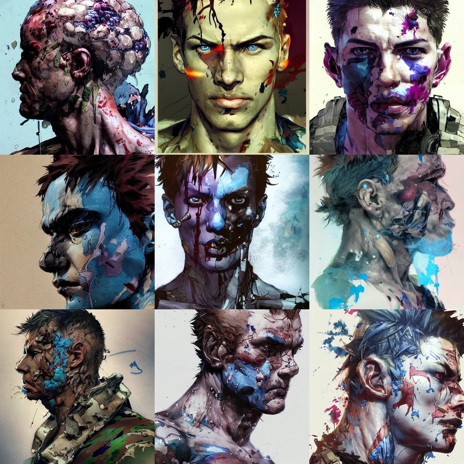 Prompt: a beautiful side portrait of an infected soldier. lots of mushrooms and fungi over his skin, blue purplish tone. art by yoji shinkawa and sandra chevrier, trending on artstation, award - winning, perfect composition.