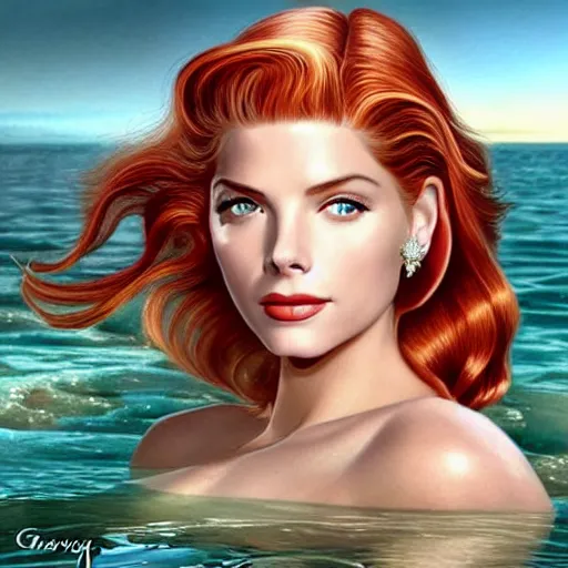 Prompt: A combination of Grace Kelly's and Katheryn Winnick's and Ashley Greene's faces with red hair as a mermaid half submerged on the beach, full body shot, western, fantasy, intricate, elegant, highly detailed, digital painting, artstation, concept art, matte, sharp focus, illustration, art by Artgerm and Greg Rutkowski and Alphonse Mucha