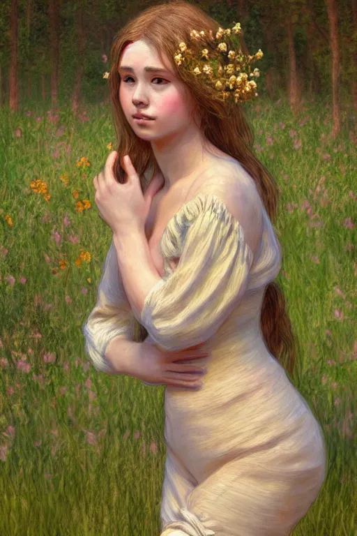 Image similar to beautiful natural coy cottagecore peasant maiden plain girl, life drawing, intricate, elegant, highly detailed, digital painting, artstation, concept art, smooth, sharp focus, master illustration, art monet and mucha