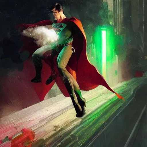 Image similar to superman smoke kryptonite dust cocaine, green kryptonite, art by greg rutkowski