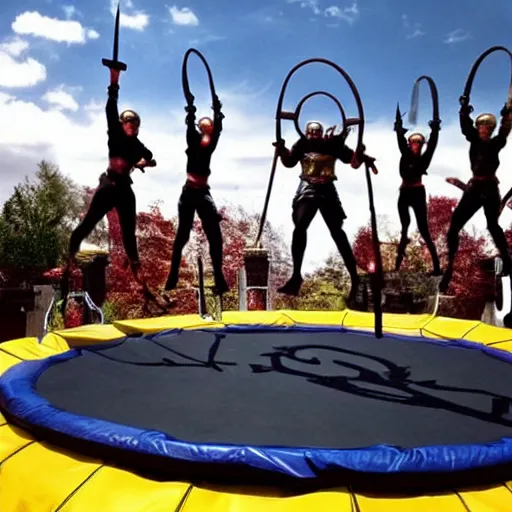 Prompt: “Spartans wearing battle robe, swords and shields jumping on trampoline”