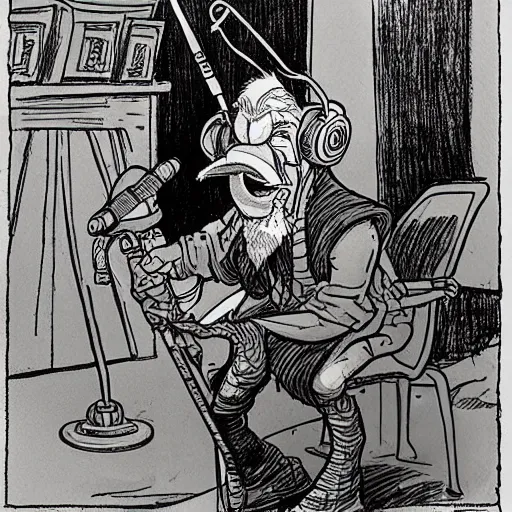 Image similar to drawn in the style of jean giraud!! rackham the red wearing headphones and speaking into big microphone, podcast studio