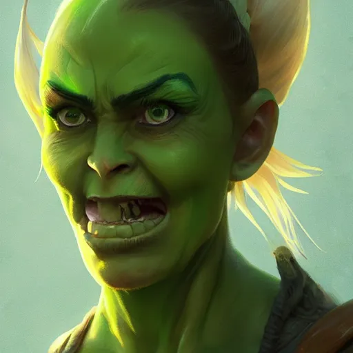 Prompt: character portrait of a green orc female, light green tone beautiful face, bald with pony tail by greg rutkowski, trending on artstation