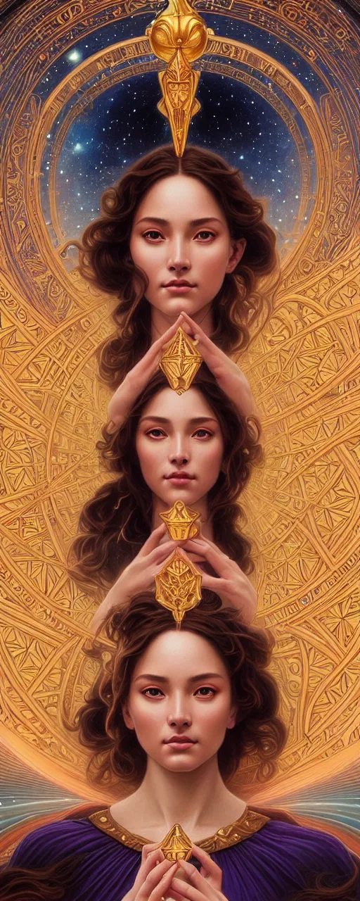 Image similar to perfectly detailed goddess of galaxies portrait judgement tarot card!! blessed by the universe with ever - increasing physical mental perfection, symmetrical! intricate, sensual features, highly detailed, universeral divine perfection!! digital painting, artstation, concept art, smooth, sharp focus, illustration, art by artgerm and greg rutkowski and alphonse mucha