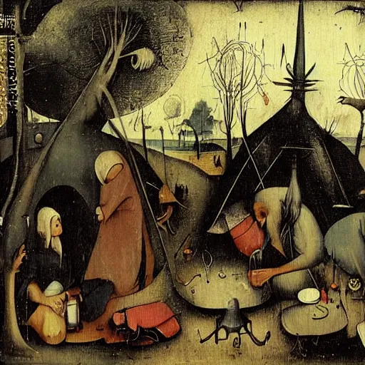 Image similar to homeless alchemist camp in the australian bush, hieronymus bosch