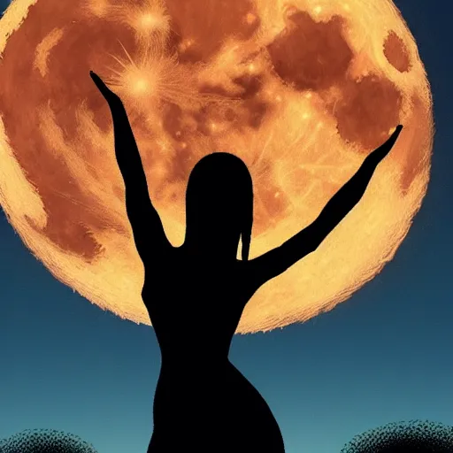 Image similar to silhouette of Maiden with arms raised up praising the night sky, full moon, viewed as a silhouette, Hyperdetailed, fantasycore, Artstation