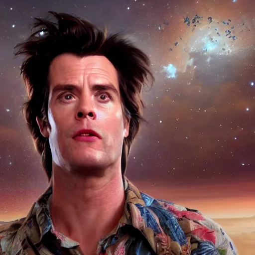 Image similar to hyperrealistic film still of ace ventura hiding in space, stunning 3 d render, inspired by istvan sandorfi & greg rutkowski & unreal engine, perfect facial symmetry, dim volumetric cinematic lighting, 8 k octane comprehensive render, extremely hyper - detailed, incredibly lifelike attributes, intricate, real flesh texture, masterpiece, artstation, stunning,