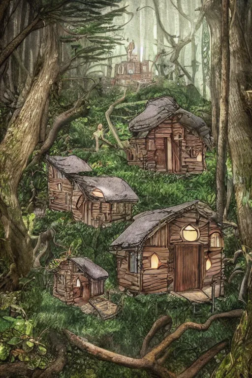 Image similar to Ultra realistic illustration of a ramshackle multistory fairytale hut in the forest