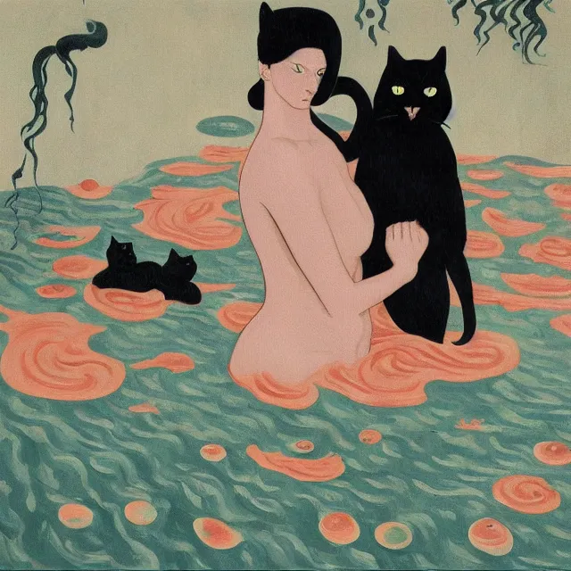 Image similar to tall female catgirl artist holding a black cat in her flooded apartment, pomegranates, octopus, water gushing from ceiling, painting of flood waters inside an artist's apartment, a river flooding indoors, mushrooms, ikebana, zen, rapids, waterfall, black swans, canoe, berries, acrylic on canvas, surrealist, by magritte and monet