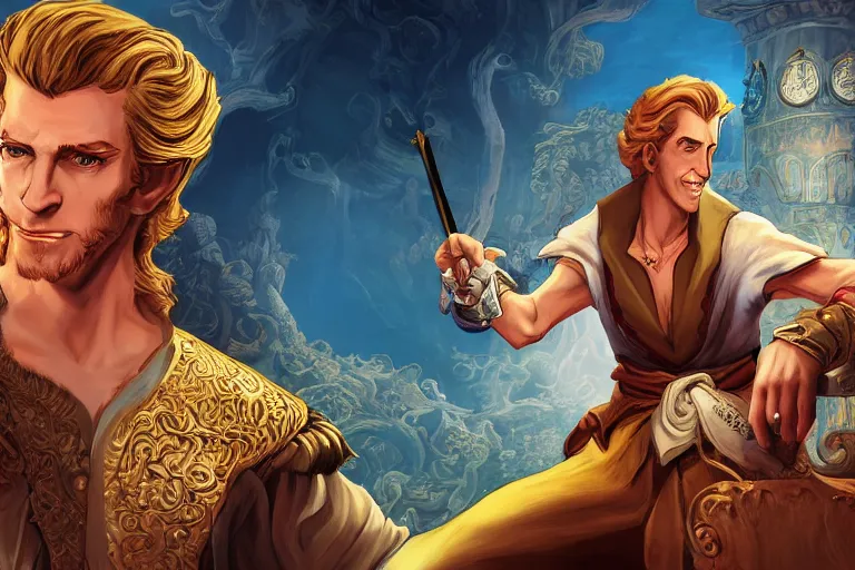 Prompt: guybrush threepwood in King’s Quest IV, Erana’s Peace, a sense of mystery, cinematic, ultra detailed, intricate, sharp focus, trending on artstation, 8K, comic artwork cover by James Jean