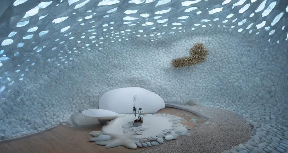 Image similar to nacre seashell house, atmospheric cinematography