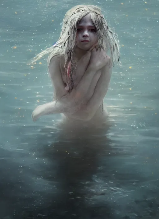 Prompt: A fancy portrait of an injured girl submerged in water by Greg Rutkowski, Sung Choi, Mitchell Mohrhauser, Maciej Kuciara, Johnson Ting, Maxim Verehin, Peter Konig, Bloodborne, 8k photorealistic, cinematic lighting, HD, high details, dramatic, atmospheric , trending on artstation