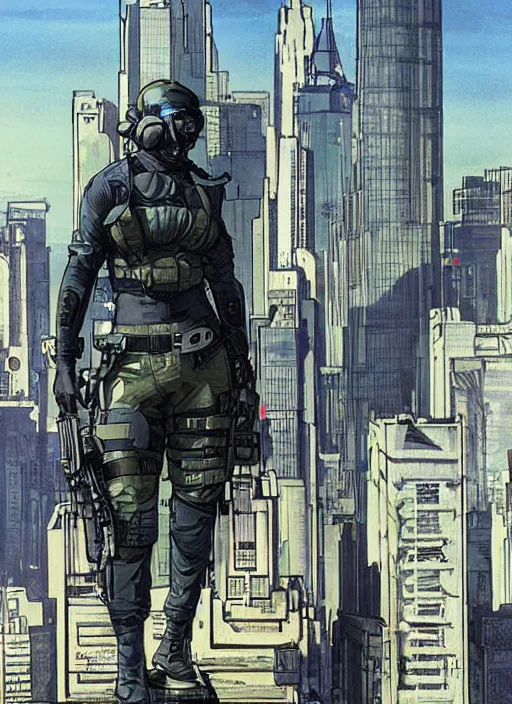 Image similar to Dinah. USN special forces operator looking at city skyline. Futuristic stealth suit. mgs and rb6s Concept art by James Gurney, Alphonso Mucha, matt rhodes.