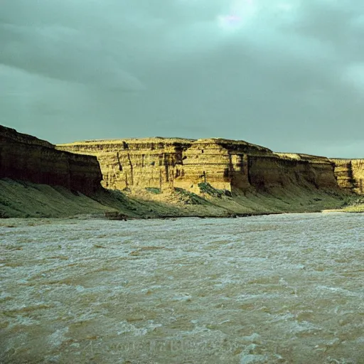 Image similar to photo of green river, wyoming cliffs during thunderstorm. the foreground and river are brightly lit by sun, and the background clouds are dark and foreboding. kodak portra 4 0 0,