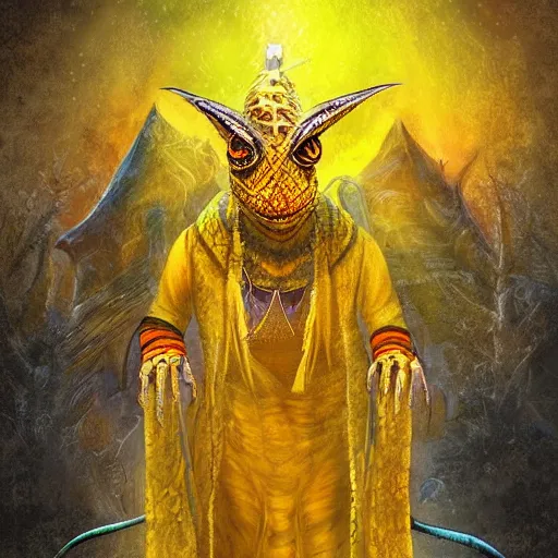 Prompt: portrait of yellow lizard priest, shaman, cult attire, antropomorphic, fantasy digital art, art station