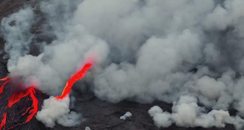 Prompt: a volcano made of ivory vines and crimson rocks enters in eruption, it spits a smoke in the shape of demonic eye, by a 8 years old kid,