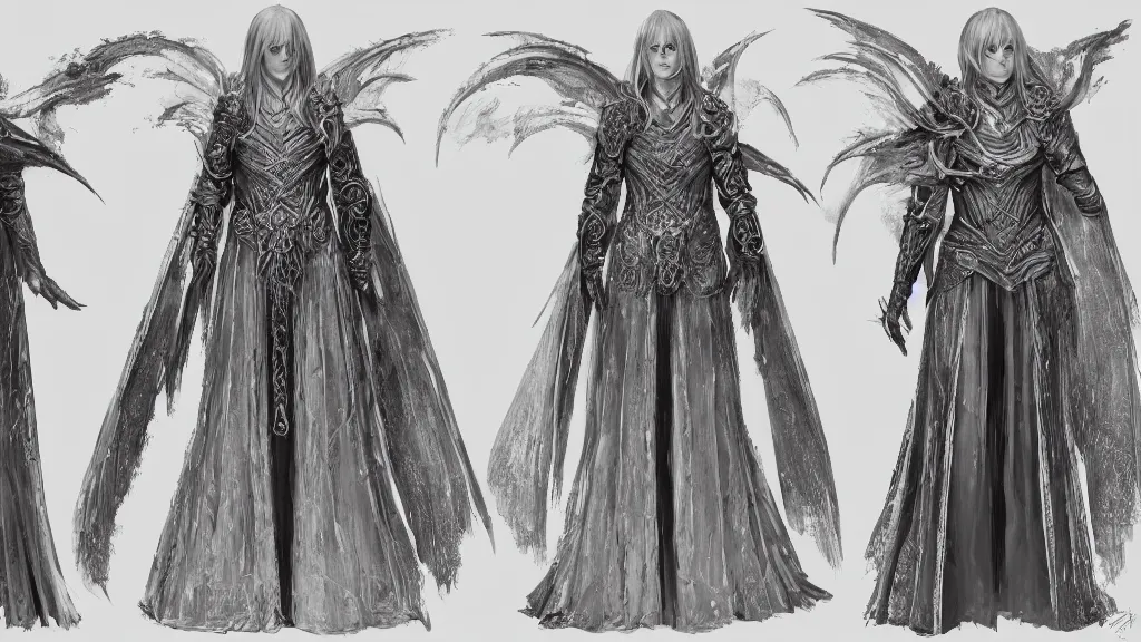 Image similar to concept art sheet, photorealistic symmetrical beautiful young female priestess with shiny hair wearing full intricate clothing, intricate, cg society, Elden Ring, darksouls, bloodborne