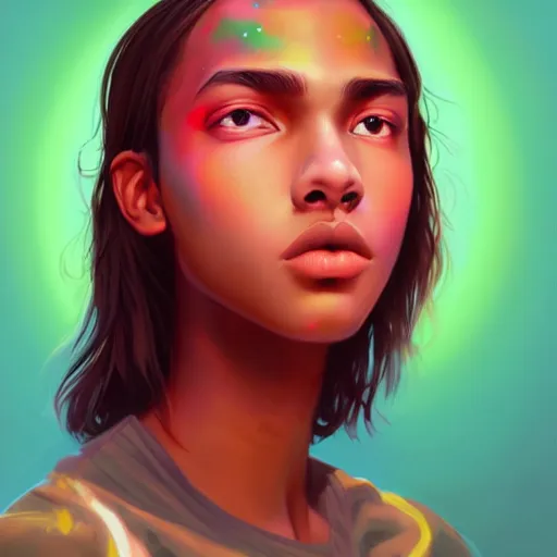 Image similar to colorful and festive captivating teenager with straight brown hair covering his eye, dark skin, big lips, big eyes, wearing a red t - shirt. rich vivid colors, ambient lighting, dynamic lighting, 4 k, atmospheric lighting, painted, intricate, highly detailed by charlie bowater