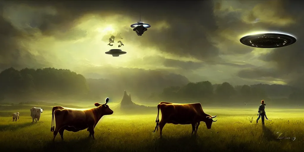 Image similar to a beautiful ufo abducting a cow from a field, digital art, landscape, fantasy art, octane render, unreal engine, high detail, very realistic, by greg rutkowski. by james gurney