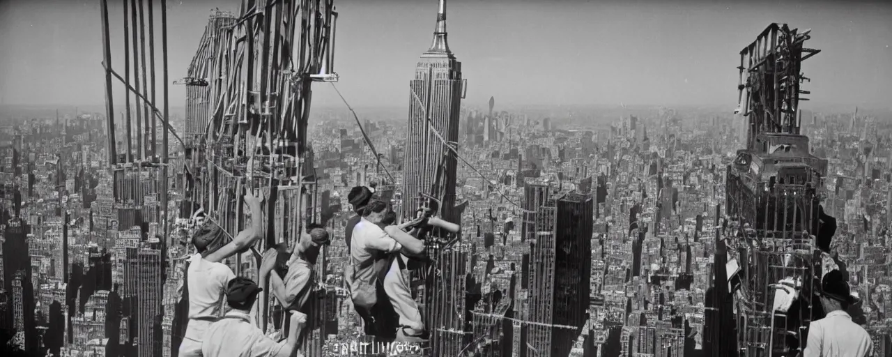 Prompt: constructing the empire state building 1 9 3 0, featuring spaghetti lunch break, kodachrome, in the style of wes anderson, retro