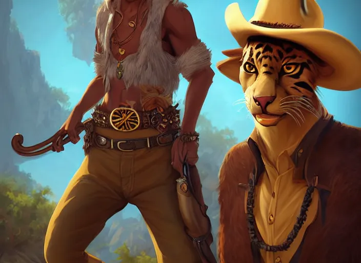 Image similar to character portrait feature of the anthro male anthropomorphic jungle cat fursona wearing cowboy outfit wild west desperado, character design stylized by charlie bowater, ross tran, artgerm, makoto shinkai, detailed, soft lighting, rendered in octane