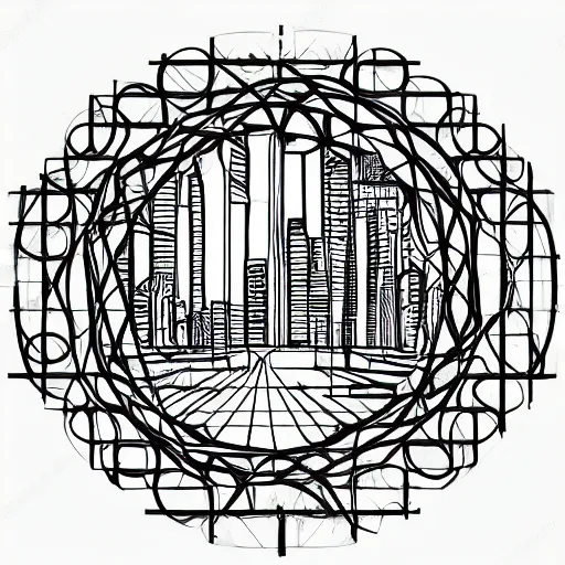 Image similar to a perfect circle, around the outer edge of the circle is the silhouette of a city skyline, inside the circle is empty, black and white, minimalist, in the style of a line drawing