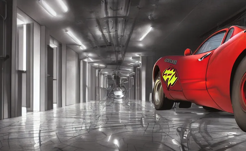 Prompt: lightning mcqueen and mater from cars in an endless spiral mirror hallway, romance novel cover, in 1 9 9 5, y 2 k cybercore, industrial photography, still from a ridley scott movie