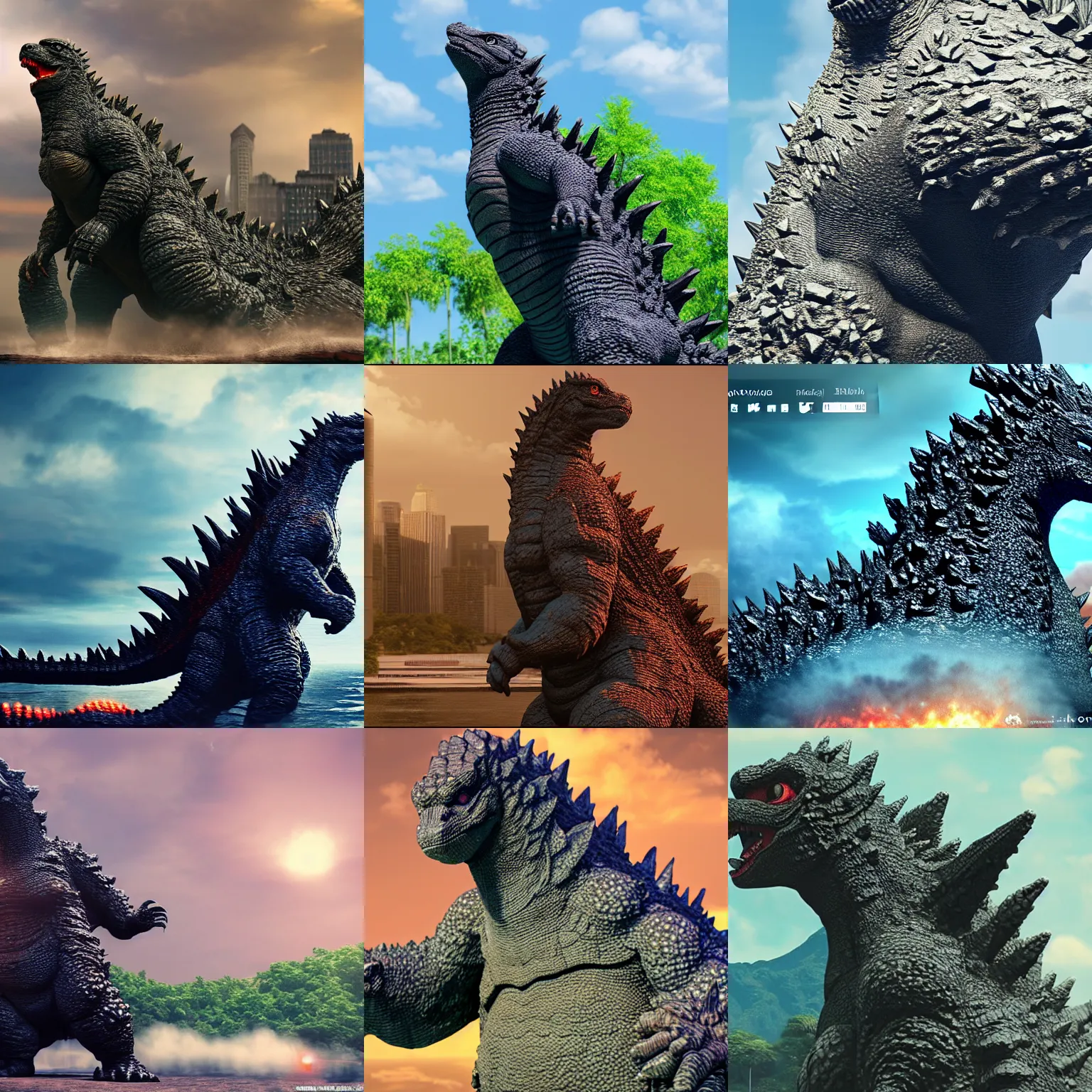 Prompt: Godzilla wearing a summer dress Highly Detailed, Photorealism, HD quality, 8k resolution, cinema 4d, 3D, unreal engine 5, high quality, beautiful, cinematic —ar 16:9