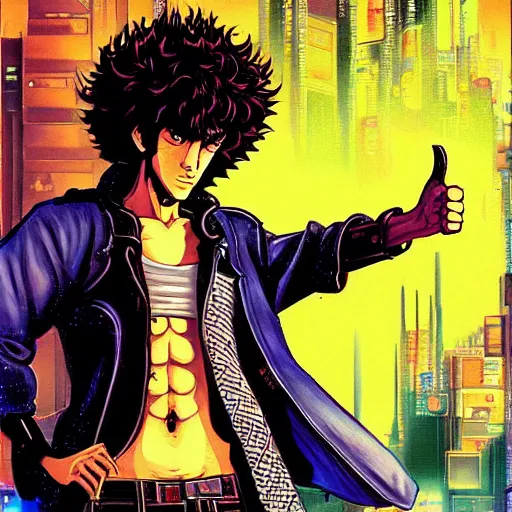 Image similar to a detailed beautiful cyberpunk painting of spike spiegel as a curly-haired persian guy giving a thumbs up by masamune shirow