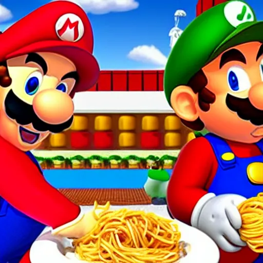 Image similar to photo of mario and luigi eating spaghetti at an italian restaurant