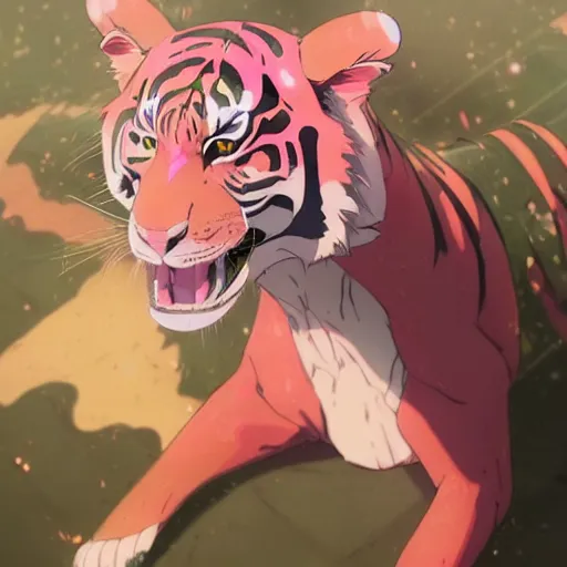 Image similar to a pink tiger wearing a lab coat, illustration concept art anime key visual trending pixiv fanbox by wlop and greg rutkowski and makoto shinkai and studio ghibli and kyoto animation symmetrical facial features