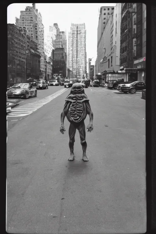 Prompt: photo polaroid of a ninja turtle in the middle of a New York street, loneliness, war, black and white ,photorealistic, 35mm film,
