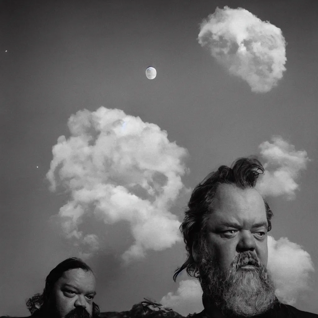 Image similar to An Alec Soth portrait photo of the moon, a cloud of Orson Welles as Falstaff floats in the sky, the moon is wearing several horse-hair wigs, Falstaff's face is also on the moon
