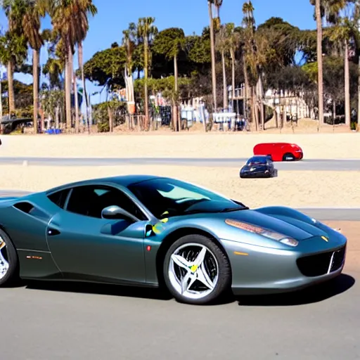 Prompt: a cat driving a ferrari in Santa Monica beach