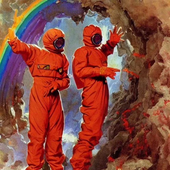 Prompt: two scientist wearing red hazmat suits pop and locking at the entrance of the geometric rainbow crystal dimensional gateway by frank frazetta