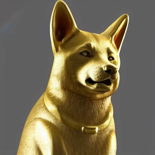 Image similar to side portrait of a shiba inu in the form of a greek sculpture in marble, with a gold crown, baroque elements in the background, museum. photorealistic. ultra detailed. flash. intricate artwork by miguel angel. octane render. cinematic. 4 k. bokeh.