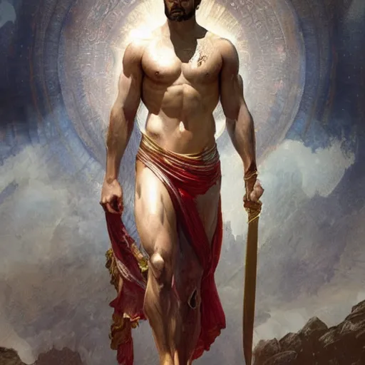 Image similar to Henry Cavill as a heavenly God, gorgeous, amazing, muscular, intricate, highly detailed, digital painting, artstation, concept art, sharp focus, illustration, art by greg rutkowski and alphonse mucha