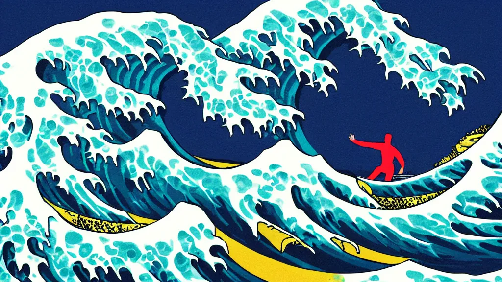 Prompt: man surfing the great wave off kanagawa, digital art,