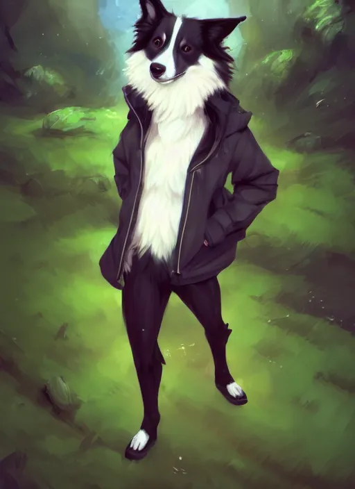 Image similar to wide angle beautiful full body portrait of a cute male anthropomorphic border collie fursona wearing a jacket in front of a park, character design by charlie bowater, henry asencio, and ross tran, furry art, furaffinity, scenic background, beautiful, glamor pose, detailed, trending on artstation