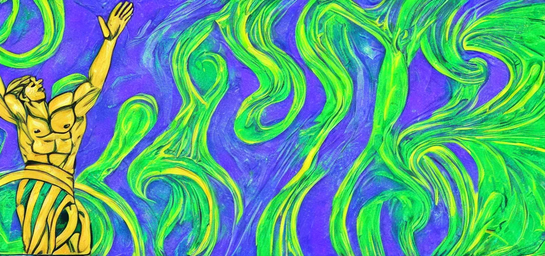 Image similar to an abstract spiritual background, a multiracial greek god dancing, green eyes. high contrast lines, great detail. 2 4 mm, photorealistic, saturated color scheme