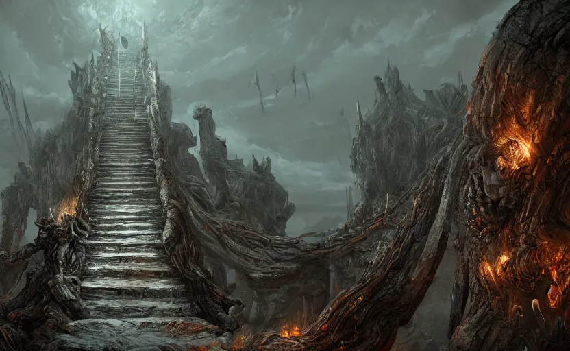 Prompt: an infinitely long wretched winding crooked staircase leading down into the depths of hell, trending on artstation, doom eternal, dark souls, unreal engine, moody, atmospheric