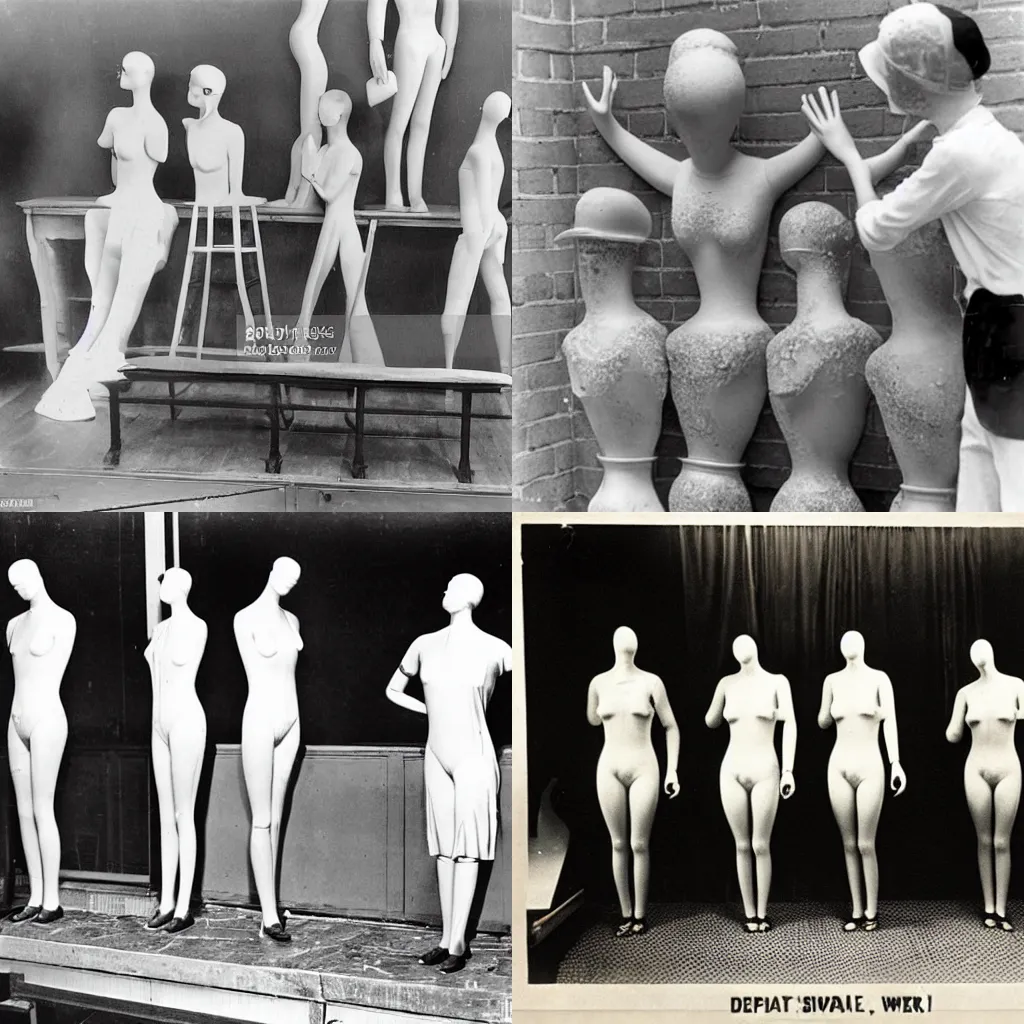 Prompt: Department store wax mannequins melting during a heat wave in 1929