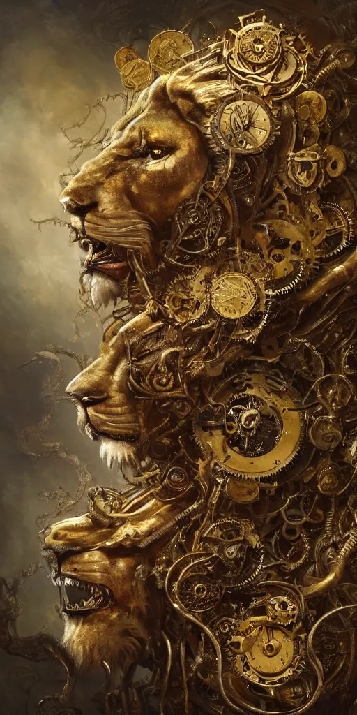 Image similar to a beautiful detailed 3 d matte portrait of a clockwork lion, by ellen jewett, by tomasz alen kopera, by justin gerard, ominous, magical realism, texture, intricate, skull, skeleton, gold coins, money, whirling smoke, alchemist bottles, radiant colors, fantasy, volumetric lighting, high details