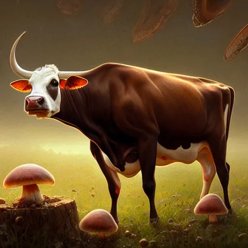 Prompt: long shot photo of a cow with many mushrooms sprouting from it's back and top, highly detailed, digital painting, artstation, smooth, sharp focus, illustration, art by artgerm and greg rutkowski and alphonse mucha