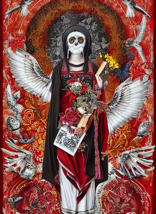 Prompt: masterpiece of Santa muerte with a book in her hand, her owl on her shoulder, and all around there are red and white flowers, guns and ammunitions offered by devotees + no crop, digital visionary art, extremely high detail, post processed,