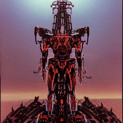 Prompt: a sleek, futuristic symmetrical mecha, defending the vast looming city, designed by hideaki anno, drawn by tsutomu nihei, and painted by zdzislaw beksinski