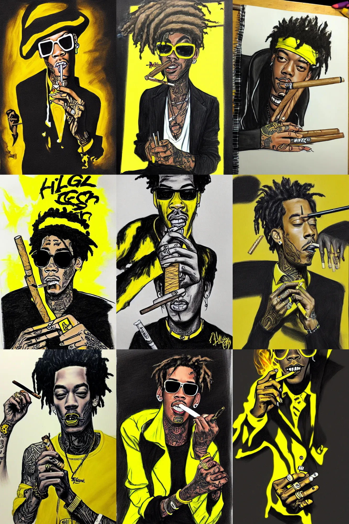Prompt: classroom sketch of wiz khalifa lighting a cigar, horror, surreal black and yellow, shading