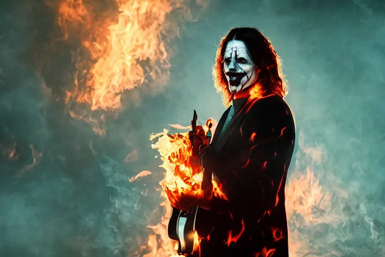 Prompt: Dave Grohl as The Joker, standing in hell surrounded by fire and flames and bones and brimstone, brilliant colors, color photo, portrait photography, volumetric fog and light, depth of field, bokeh