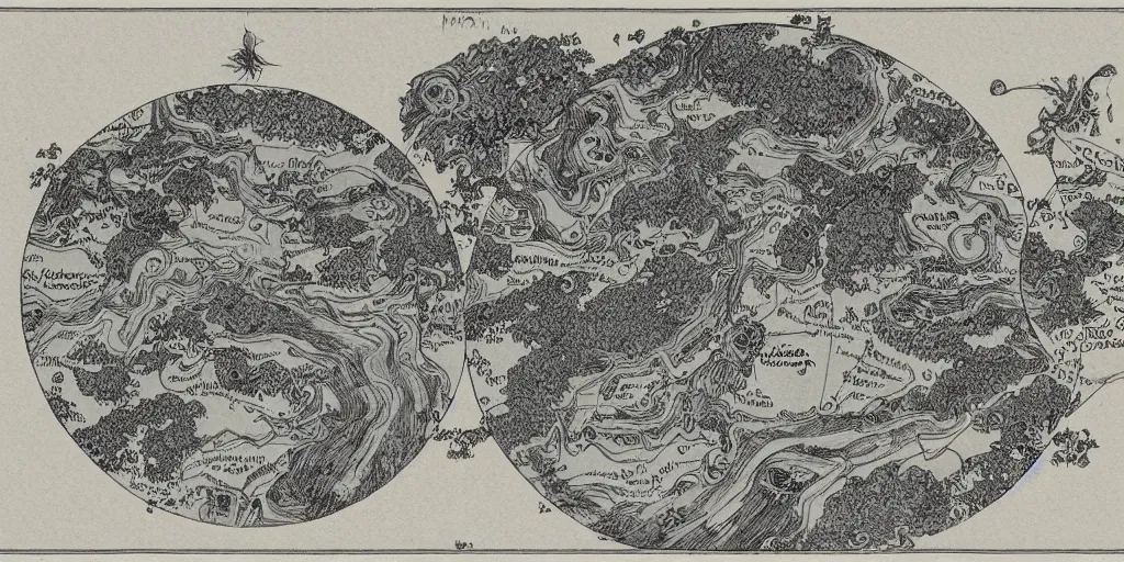 Prompt: a detailed and intricate illustration of a fantasy world map by moebius, frazetta, zabrocki, ghibli, miura