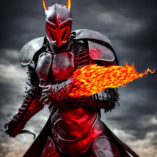 Prompt: hell knight with fire powers, highly detailed, 4 k, hdr, smooth, sharp focus, high resolution, award - winning photo, clayton crain, photorealistic
